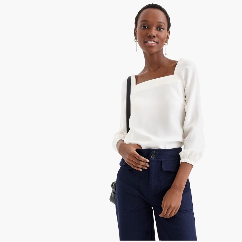 J.Crew 365 Crepe Square-Neck Long-Sleeve Blouse | Ivory | Size 10 (Medium)